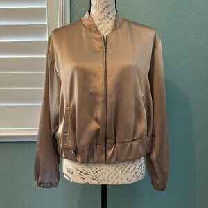 And Now This Light Satin Metallic Gold Bomber Zipper Jacket Size M